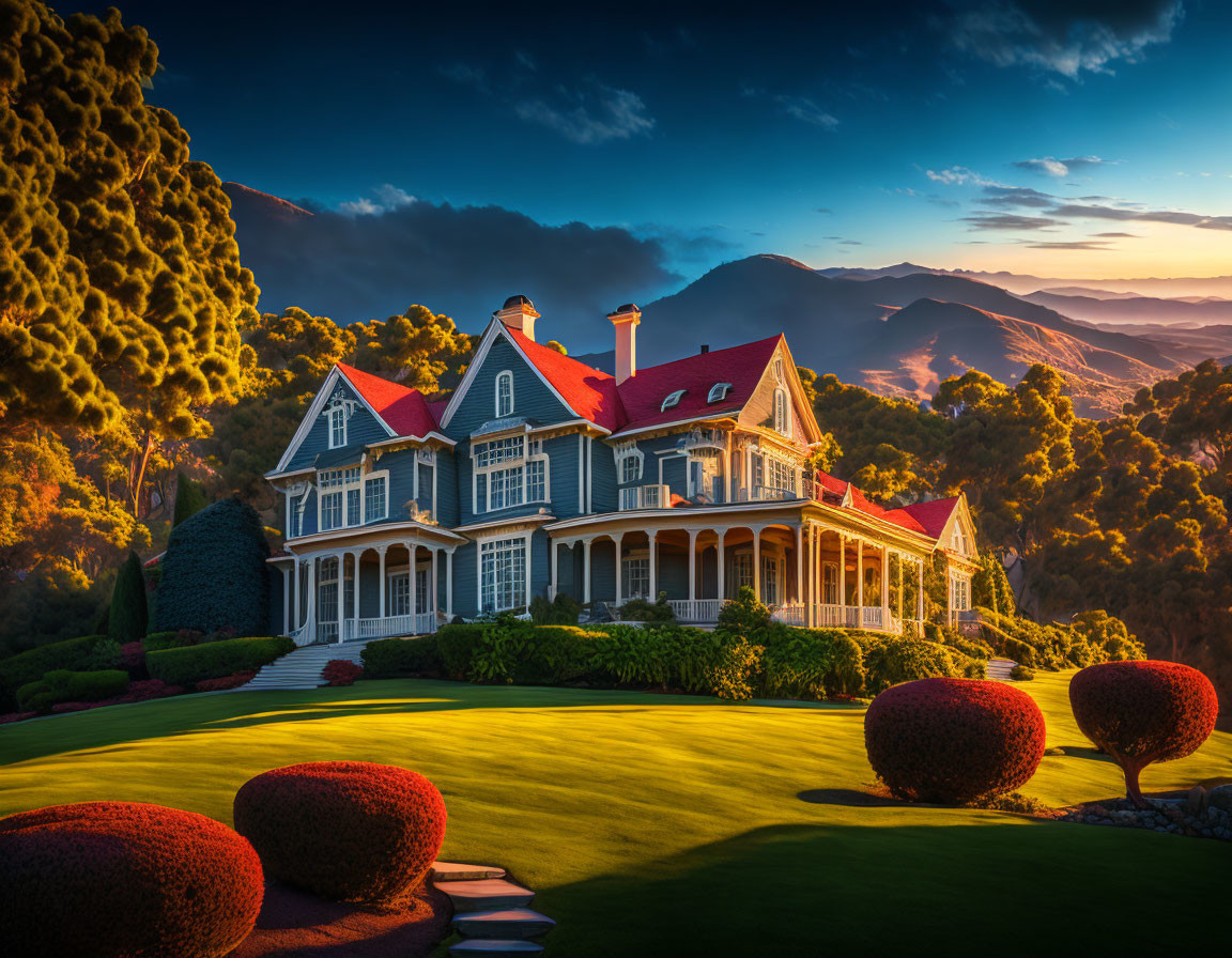Grand Victorian Mansion with Landscaped Gardens at Sunset
