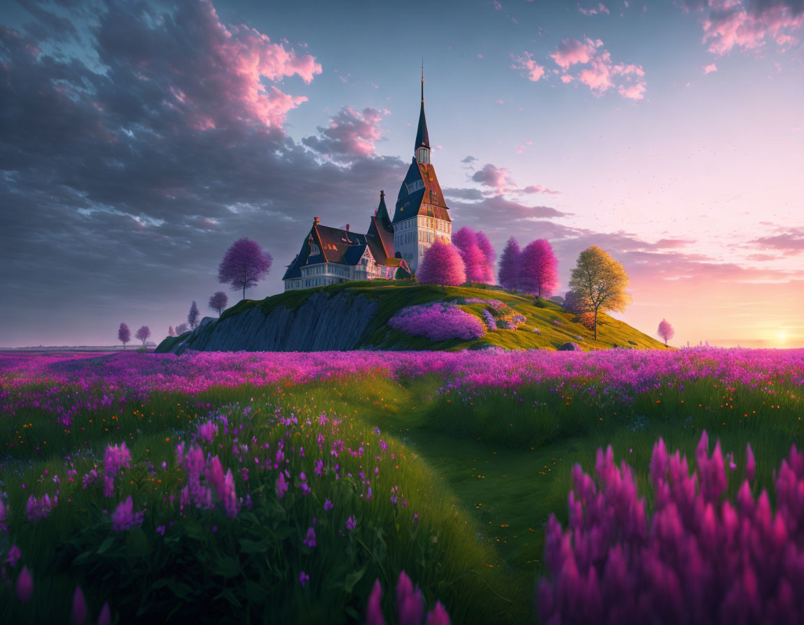 Scenic landscape with castle on lush hill and purple flowers