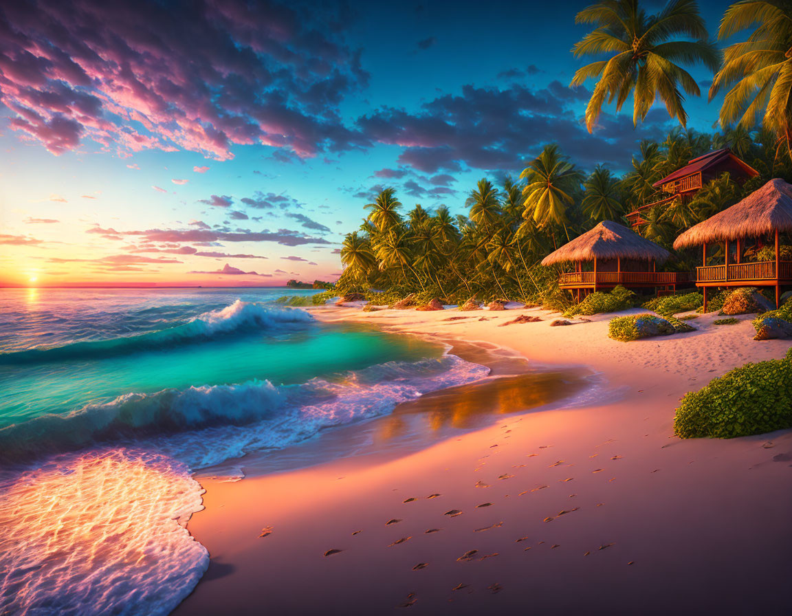 Tropical beach sunset scene with huts, palm trees, vibrant sky, and ocean waves