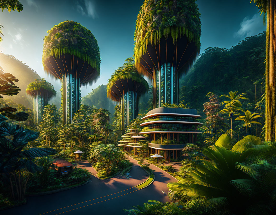 Futuristic buildings in lush tropical forest with towering tree-like structures