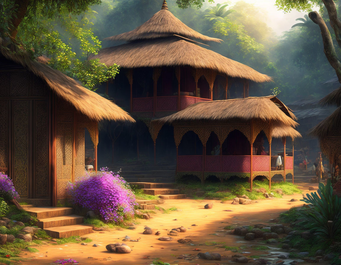 Thatched roof huts in sunlit forest clearing