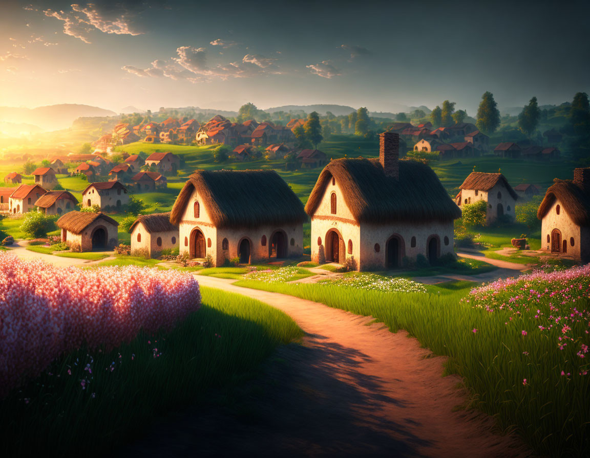 Village in a blossomed open field