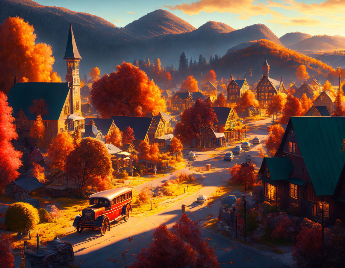 Golden-hued autumn village with cozy houses, church spire, vintage car, warm sunset