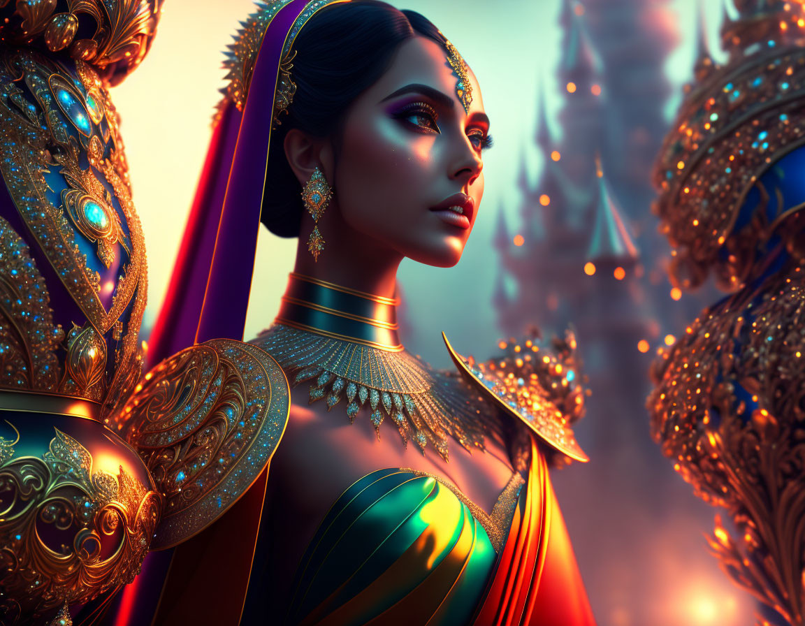 Regal woman in traditional attire with gold jewelry on fantastical background