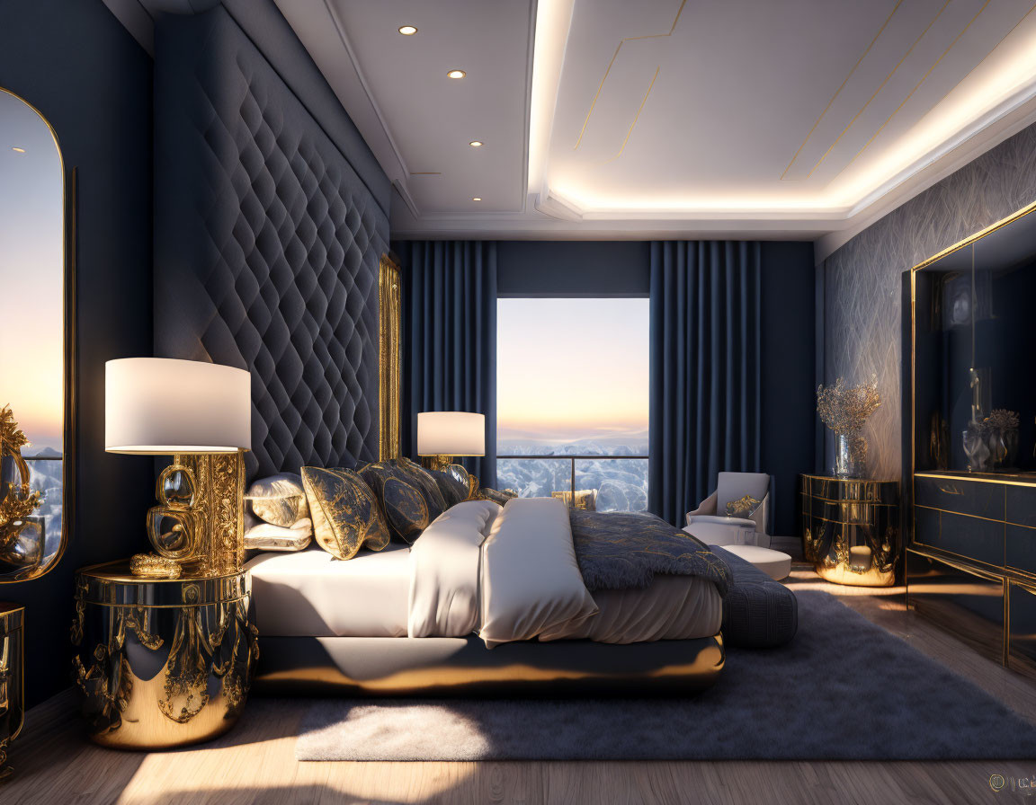 Elegant bedroom with plush upholstered wall, golden accents, dark furniture, and scenic dusk view.