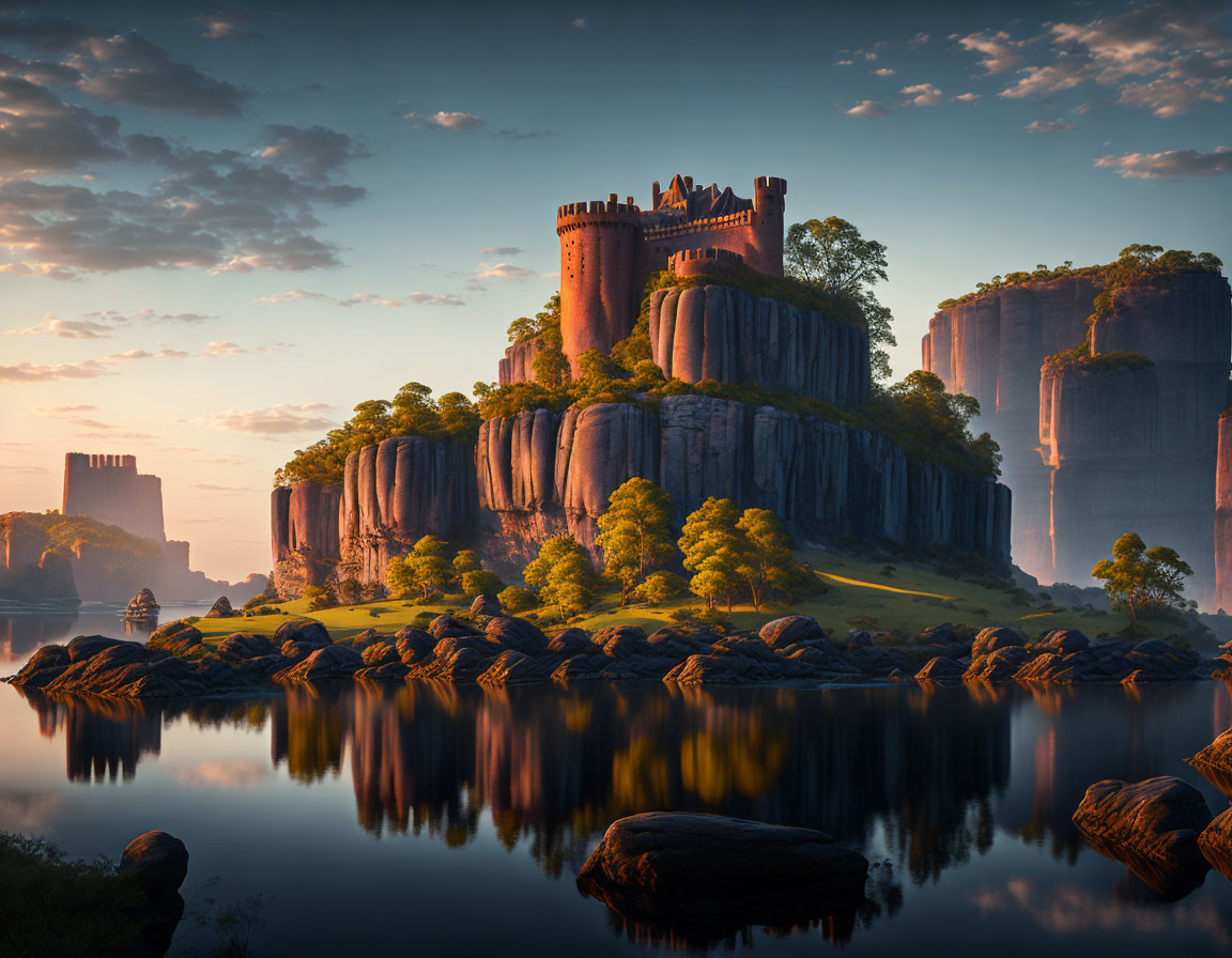 Ancient castle on sheer cliff with towering stone formations and tranquil waters at sunrise