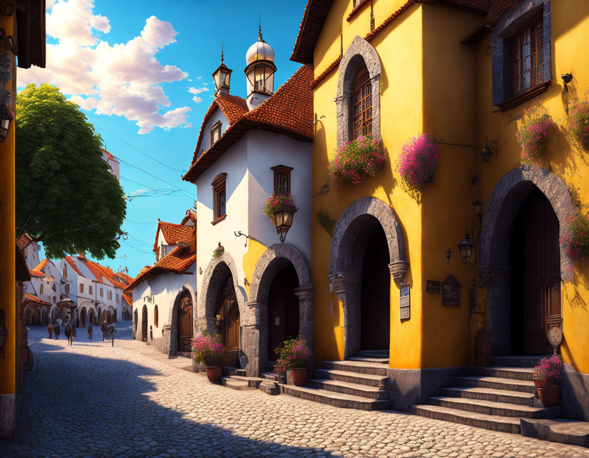 Colorful cobblestone street with blooming flowers and vintage architecture.