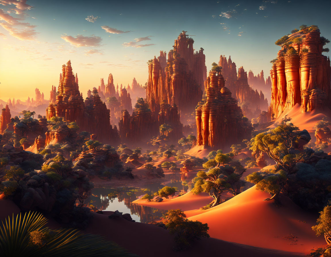Tranquil desert scene: sandstone formations, lush foliage, sunset glow