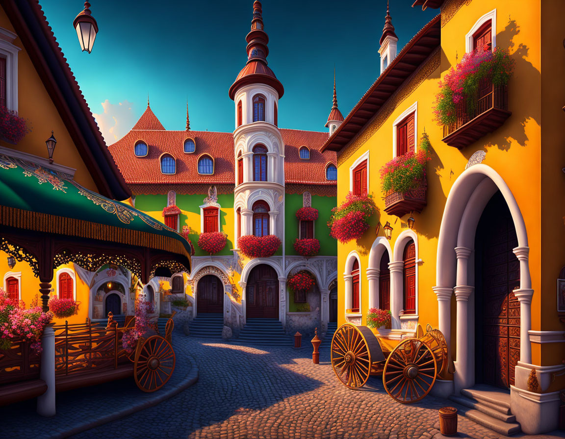 Colorful European town scene with cobblestone streets, flower baskets, and wooden carts