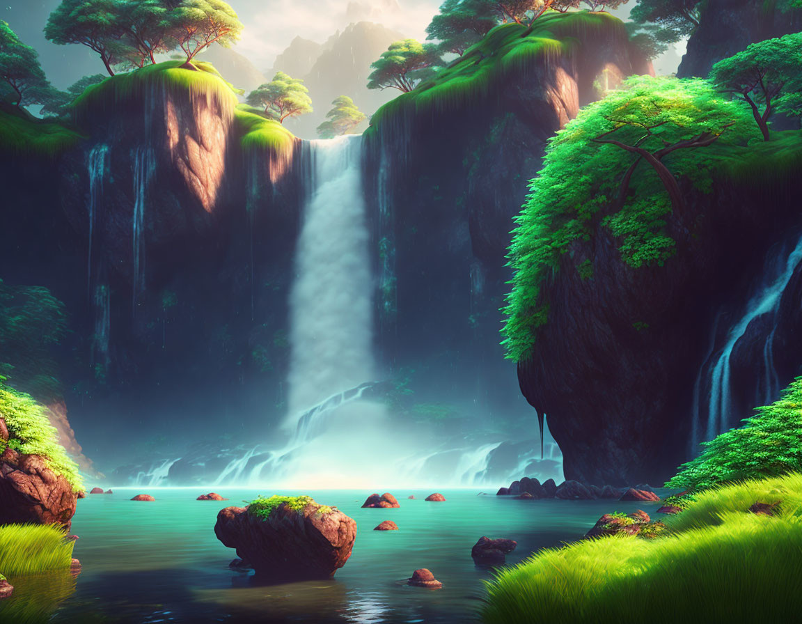 Majestic waterfall cascading in serene landscape