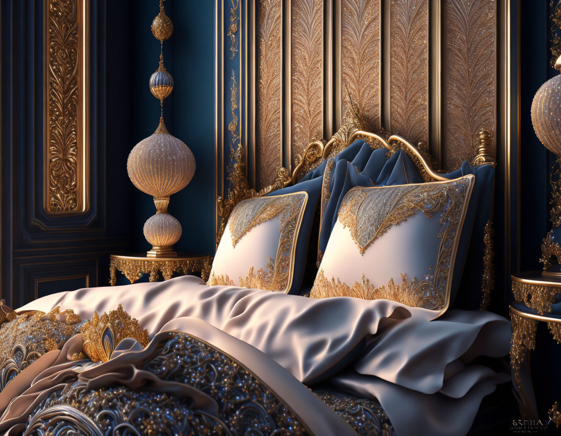 Opulent royal bedroom with golden details and plush blue pillows