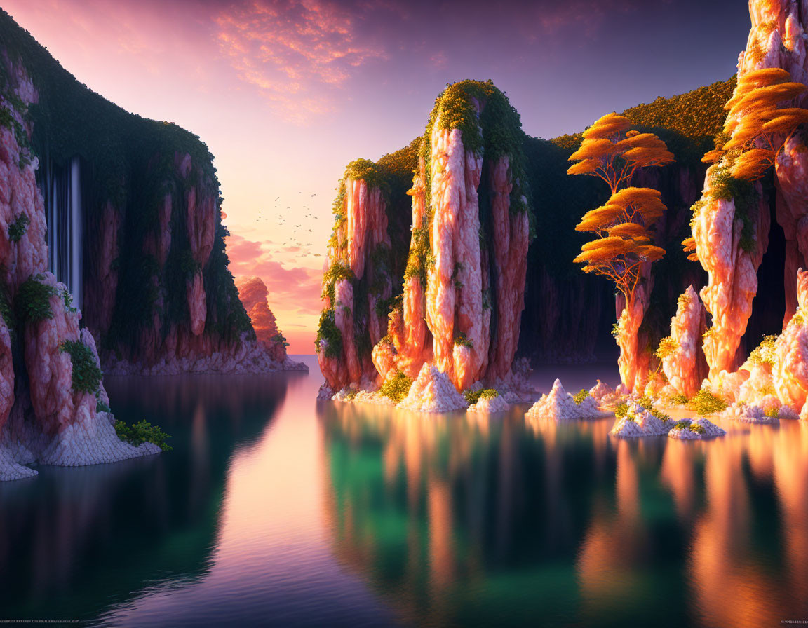 Tranquil lake at sunset with lush cliffs and waterfalls