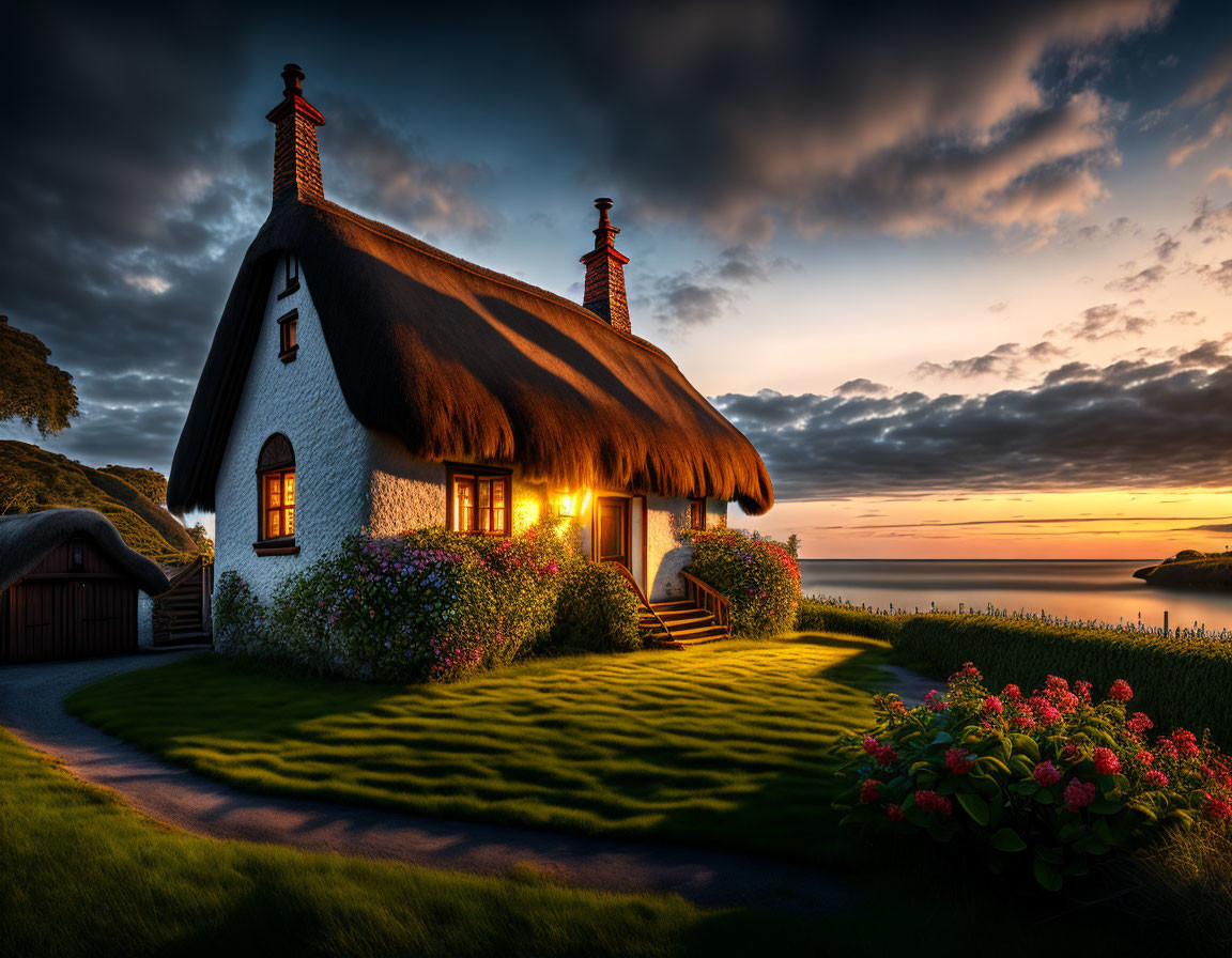 Thatched cottage at dusk by calm sea and garden