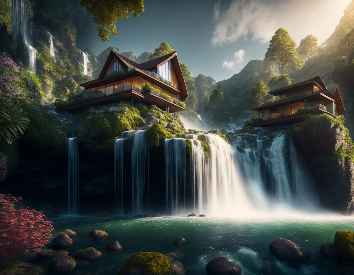 House beside a waterfall