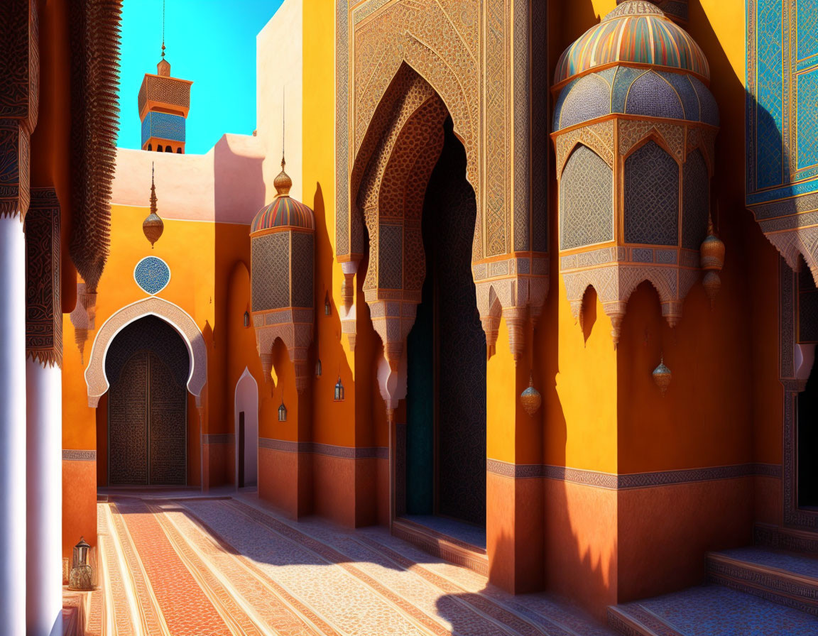 Moroccan-style city street with ornate archways and tilework