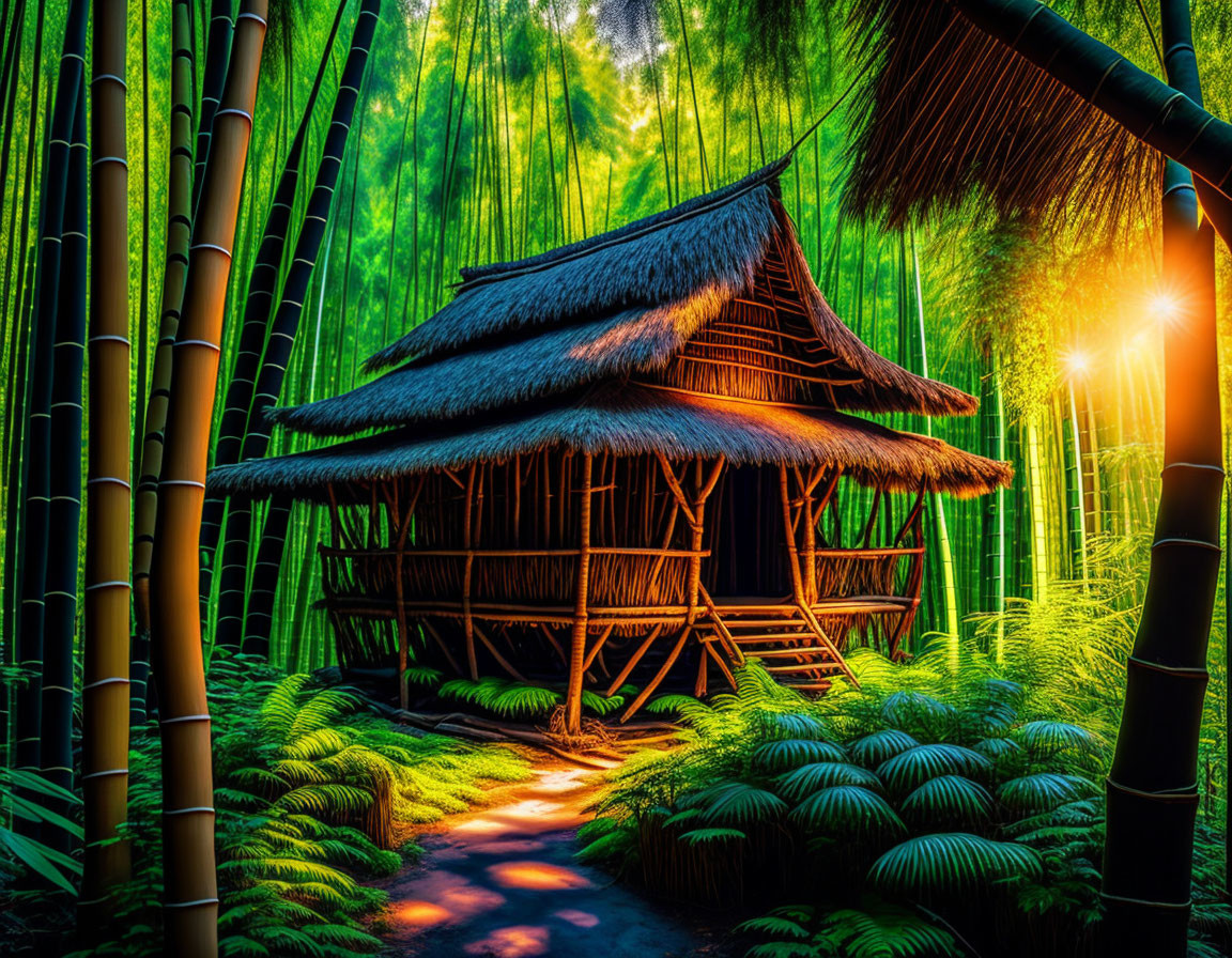 Traditional wooden hut in bamboo forest with thatched roof