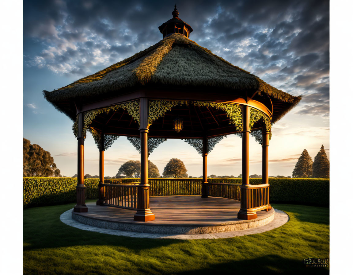 Thatched Gazebo on Manicured Lawn at Sunset