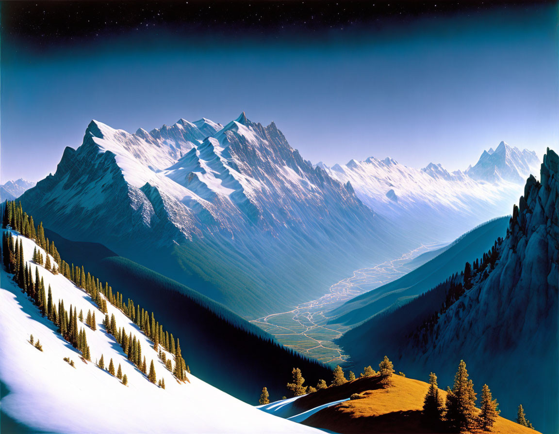 Snow-capped peaks under starry sky above valley with river