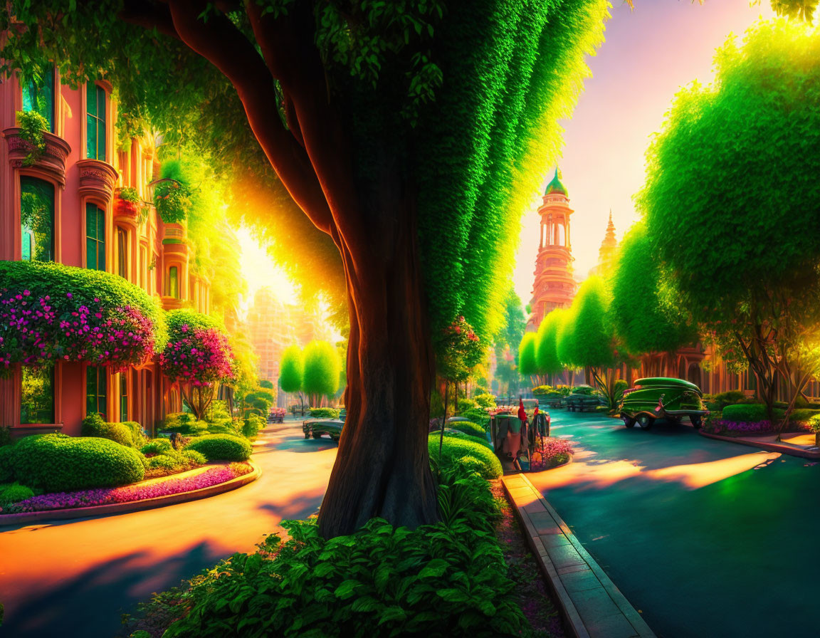 Picturesque Street Sunset with Green Trees, Flowers & Vintage Cars