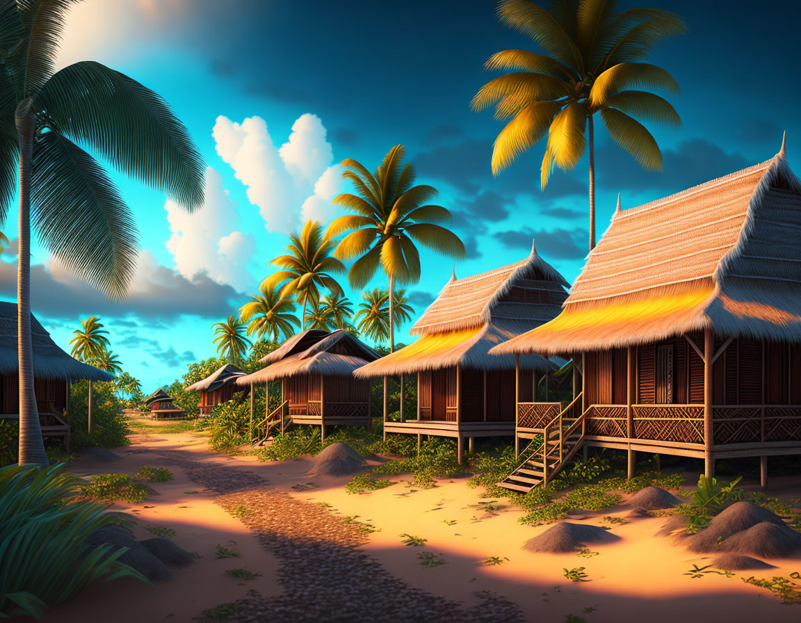 Tropical Beach Scene with Thatched Huts and Palm Trees at Sunset