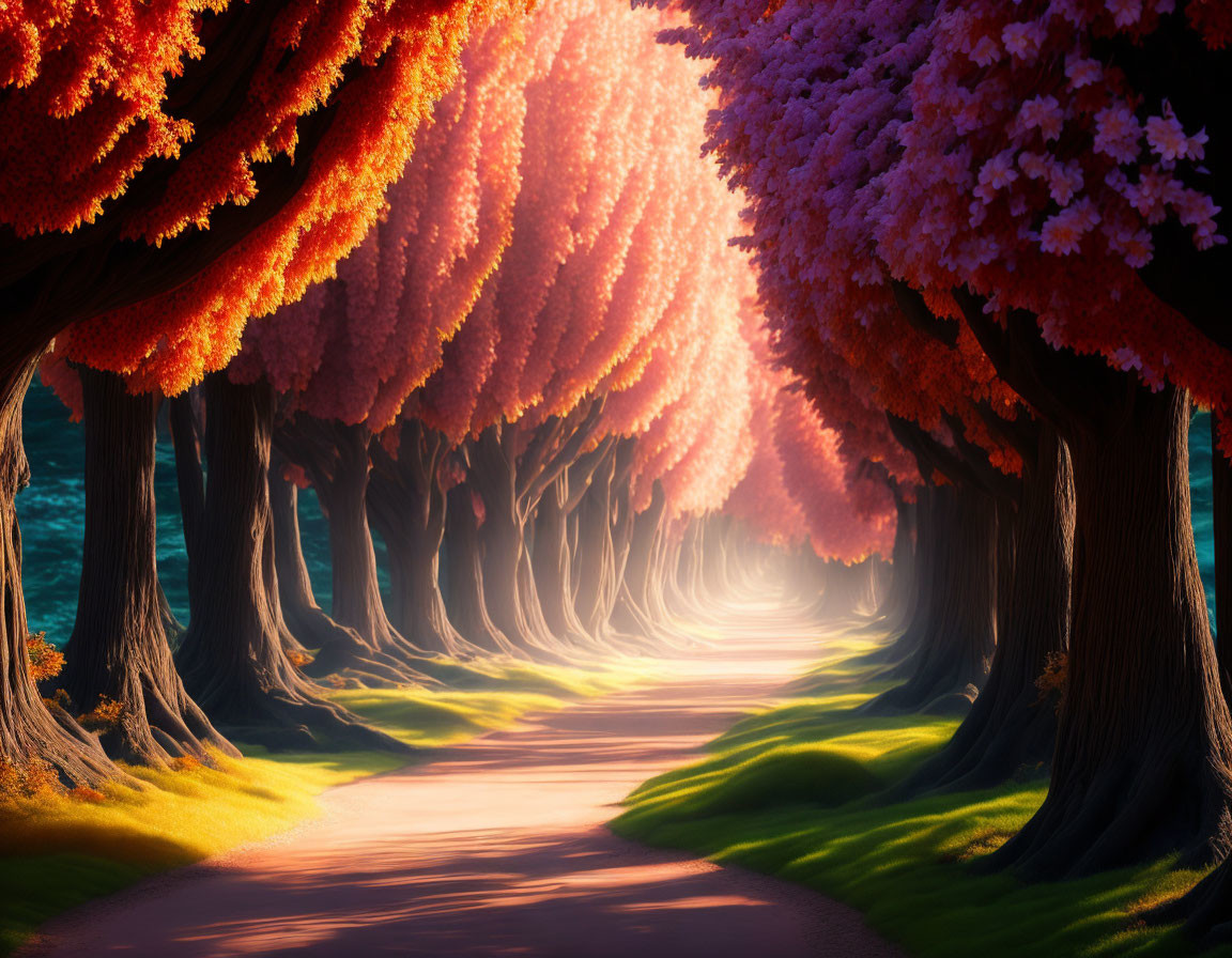 Tranquil pathway through pink and orange foliage under soft light