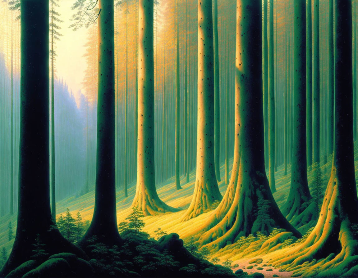 Tall Trees in Sunlit Mist with Moss-Covered Ground