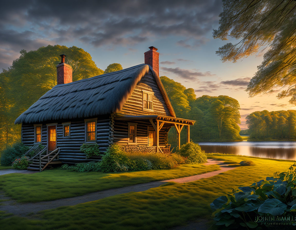 Thatched Roof Wooden Cottage by Calm Lake at Sunrise