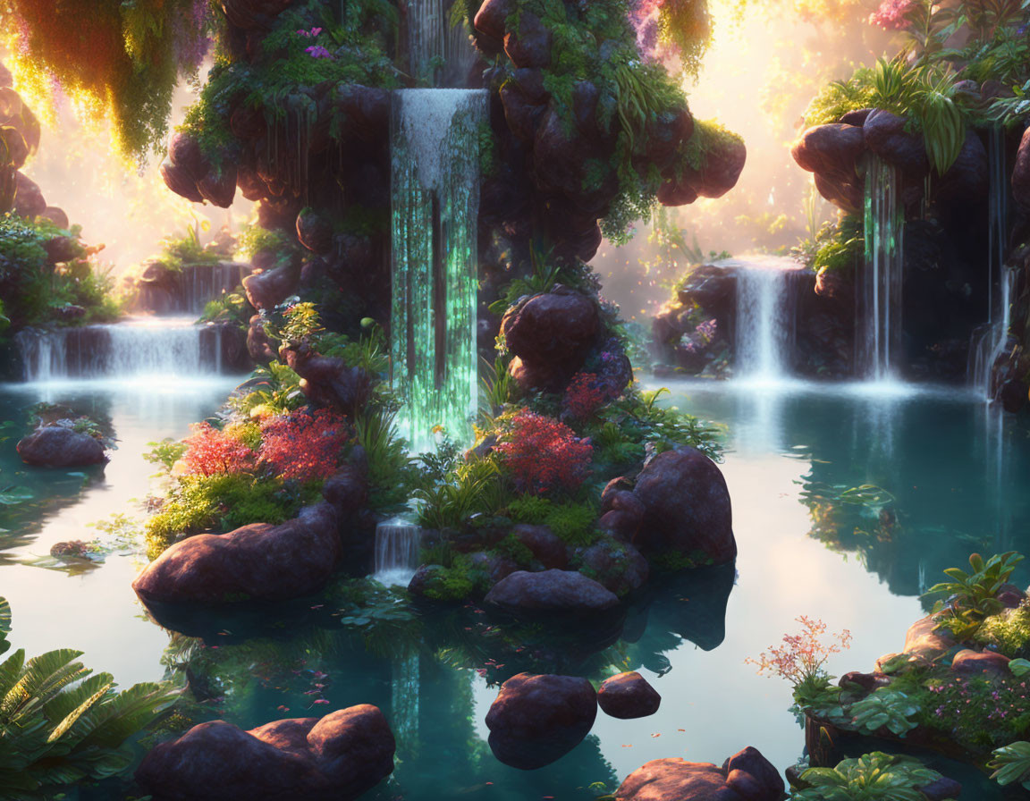 Tranquil fantasy landscape with waterfalls, lush greenery, and blue pond