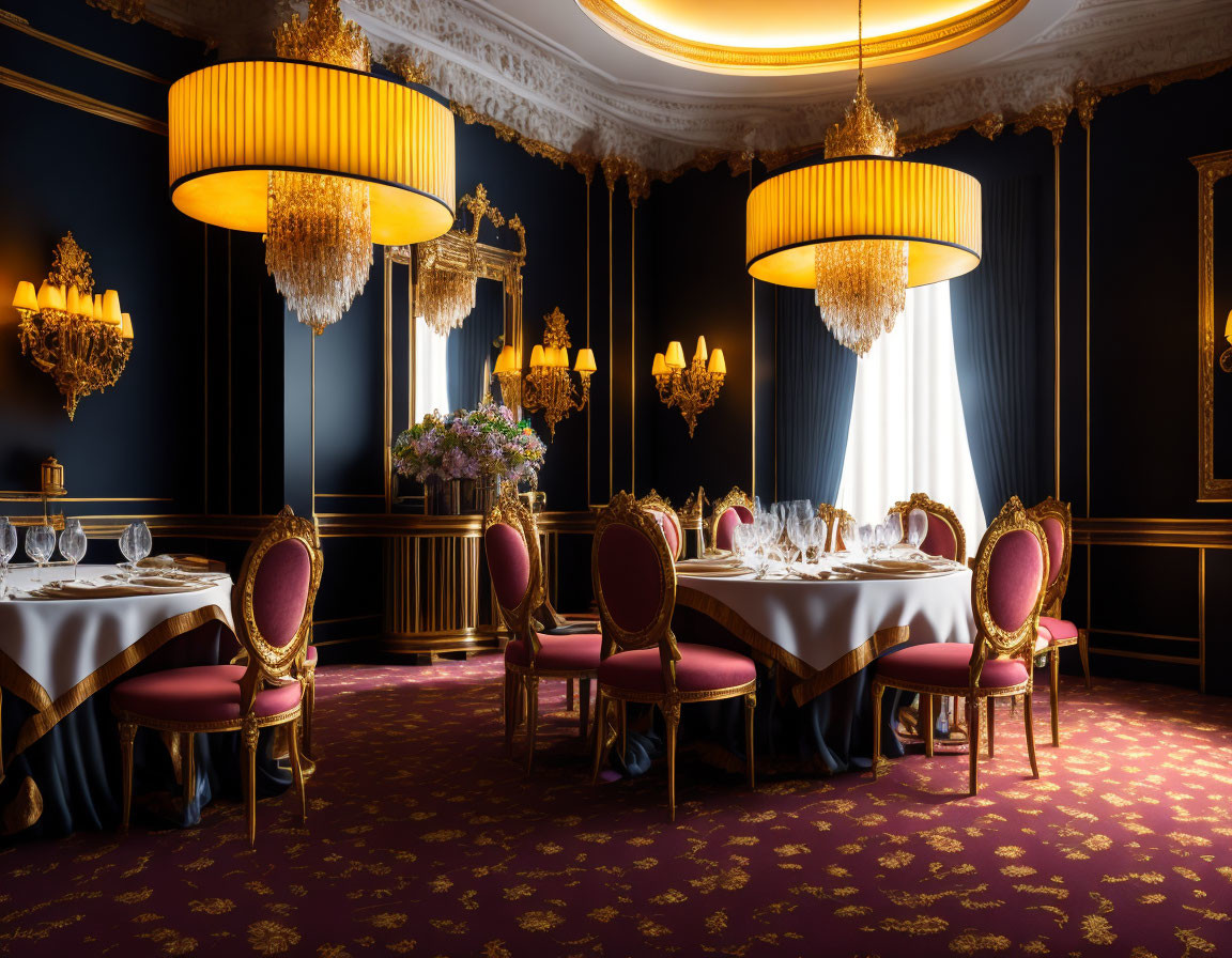 Luxurious Dining Room with Gold and Purple Decor