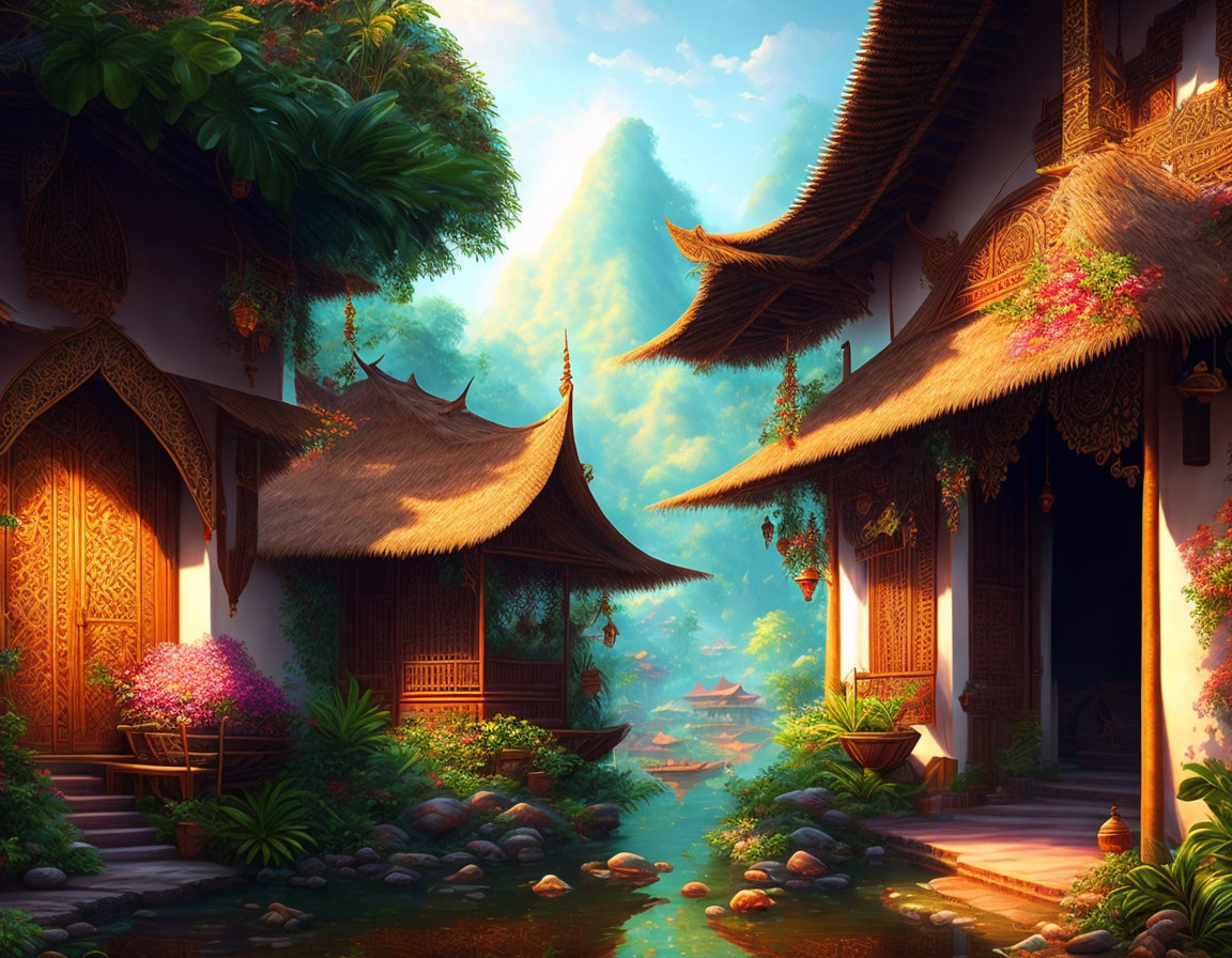Tranquil Asian village with traditional houses, lush flora, and mountain backdrop