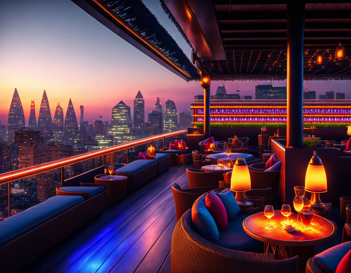 Cityscape Rooftop Terrace with Illuminated Tables and Purple Sky