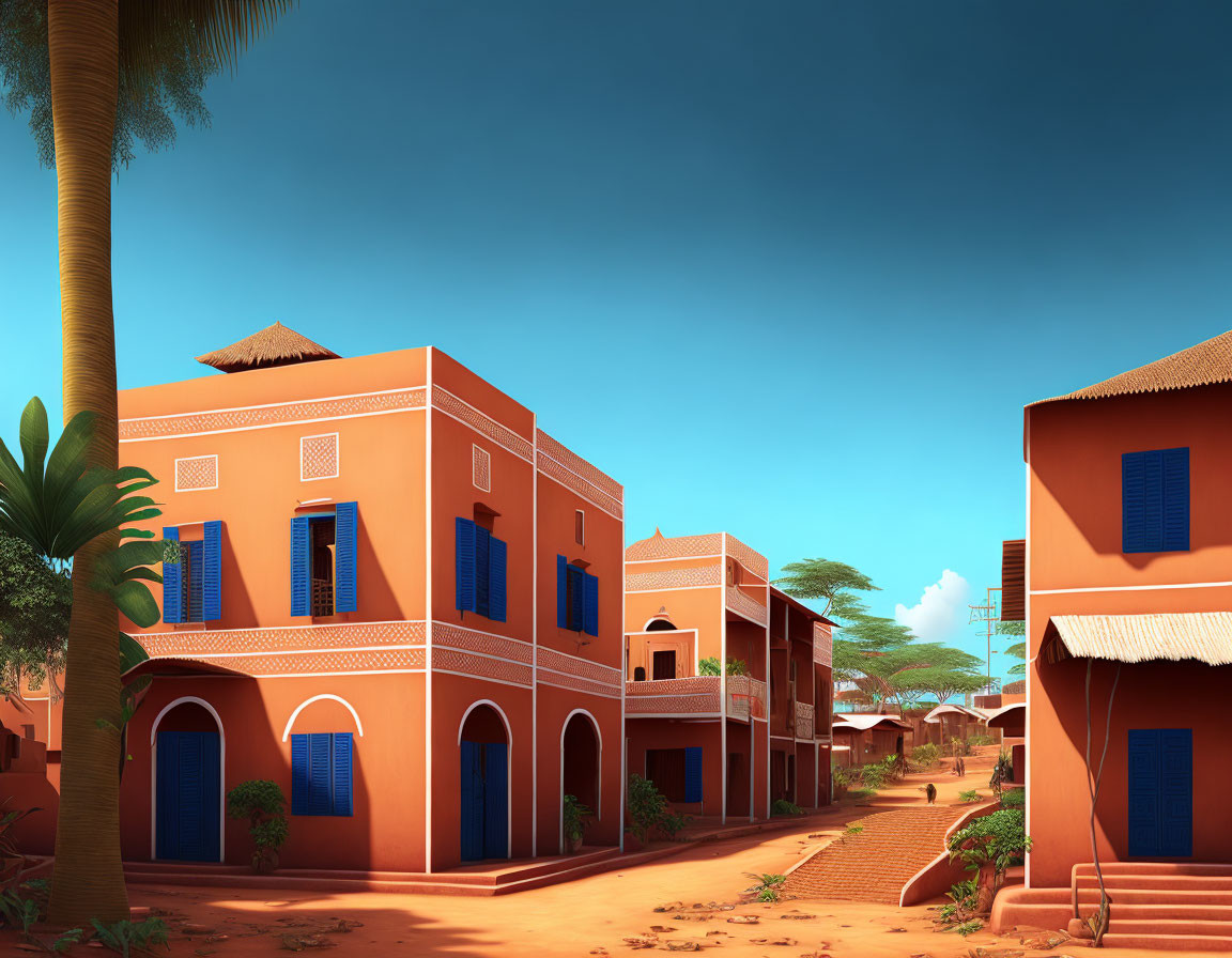 Traditional-style village with terracotta buildings and blue windows under sunny skies