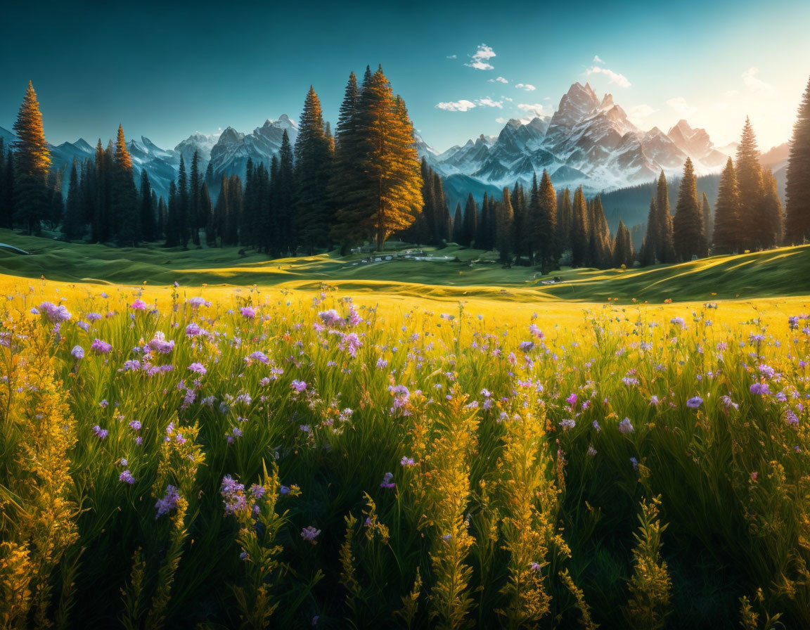 Majestic snow-capped mountains and vibrant meadow with purple wildflowers