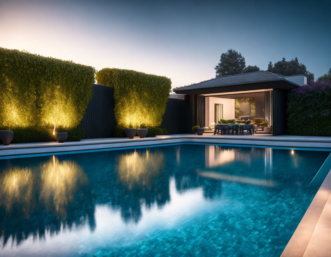 Tranquil backyard with swimming pool, manicured hedges, and modern house at twilight