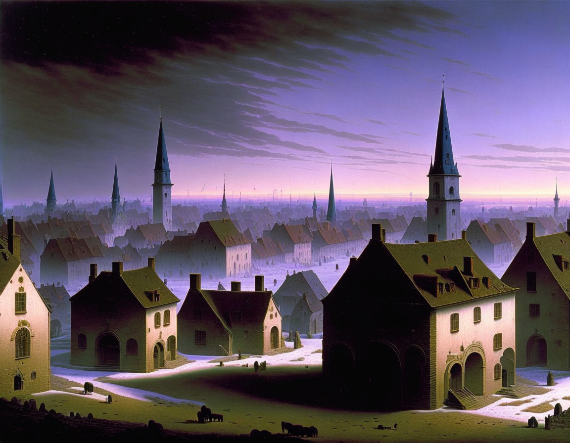 European town at twilight with spired buildings and animals in square