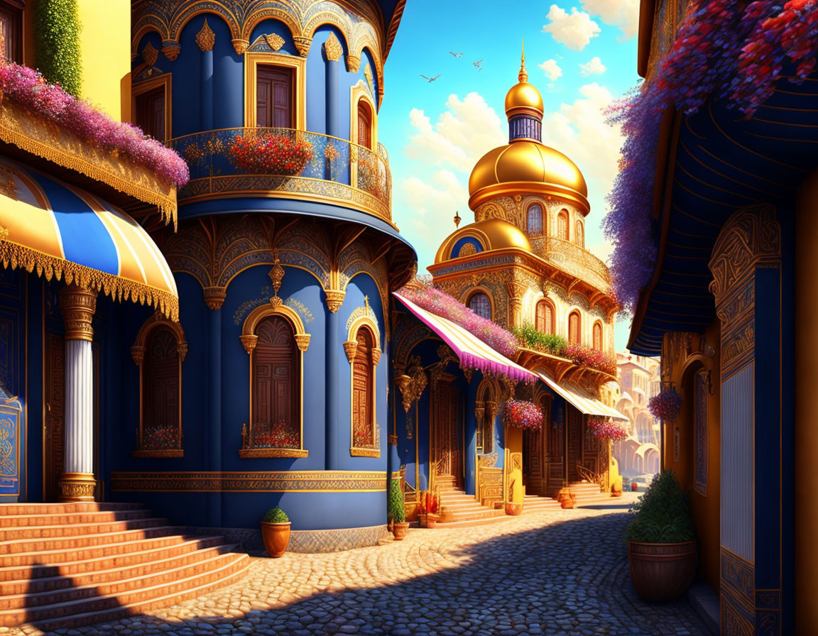 Vibrant street scene with blue buildings, golden domes, and lush purple flora under clear sky