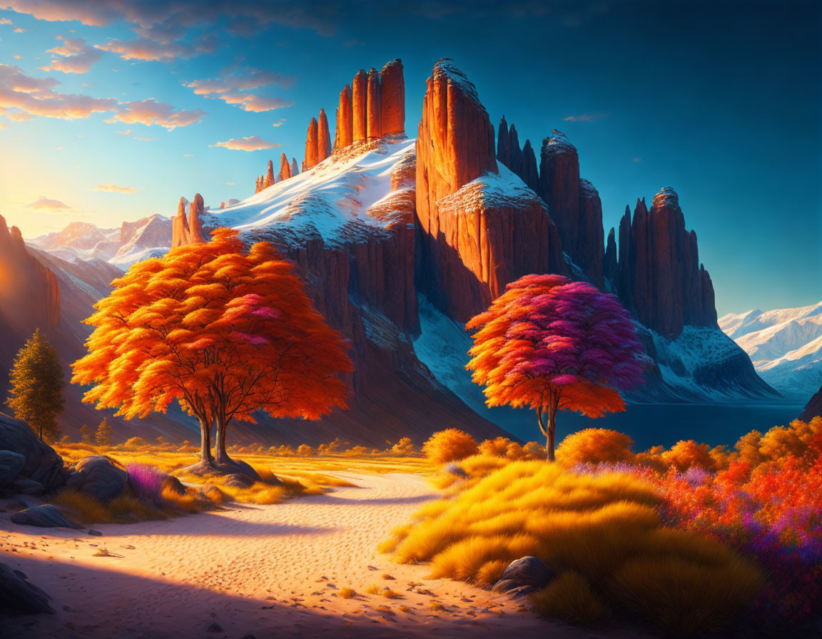 Colorful autumn trees against snow-capped mountains and blue sky