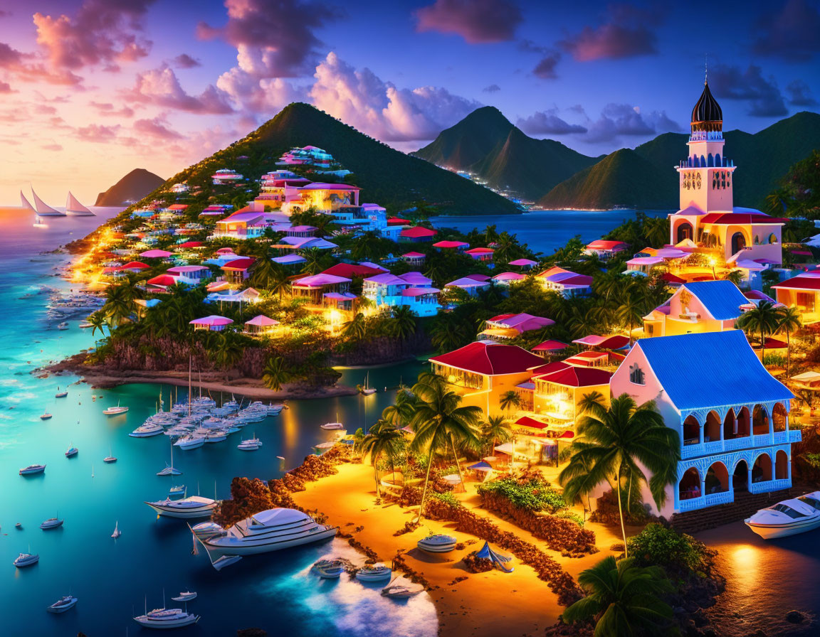 Vibrant Coastal Village with Bell Tower at Sunset