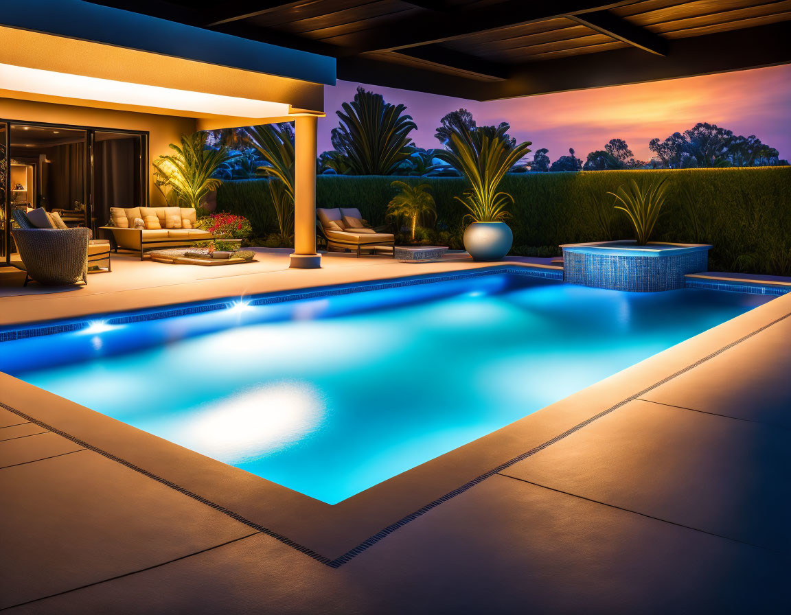 Twilight backyard with lit pool, modern furniture, tropical landscaping
