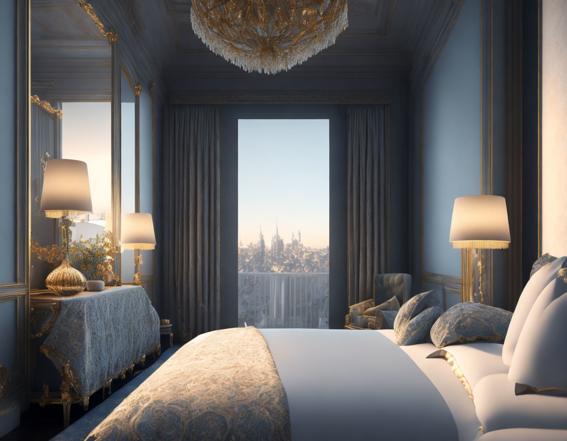 Luxurious Bedroom with Large Bed, Gold Accents, Chandelier, and Cityscape View
