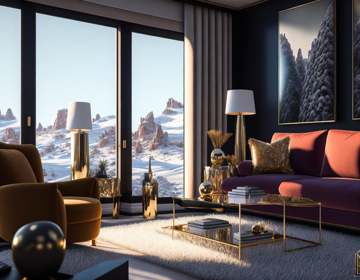 Elegant modern living room with large windows and snowy mountain view