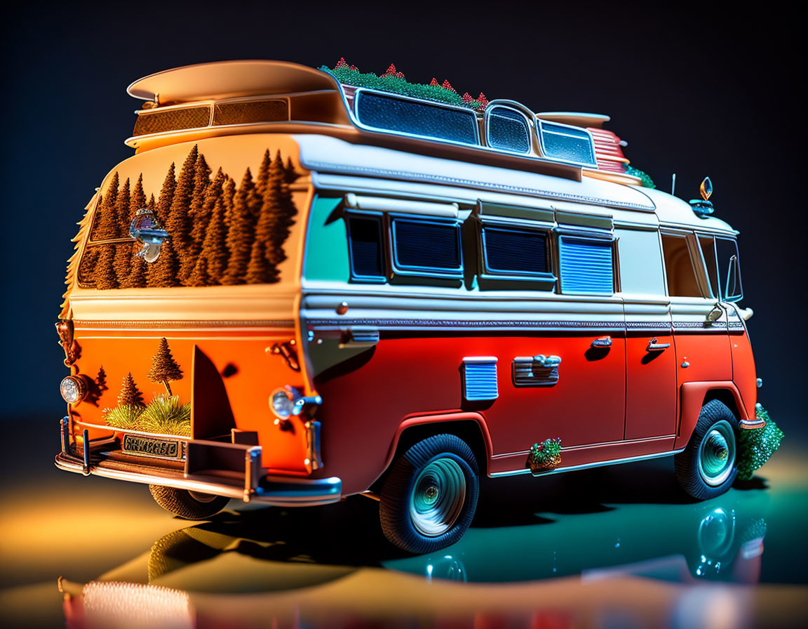 Colorful Retro Camper Van with Christmas Decor on Dark Background