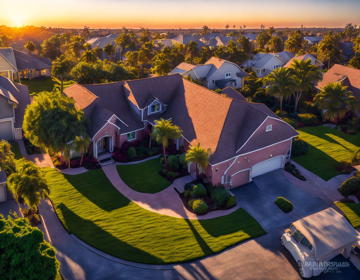Suburban Neighborhood Aerial View at Sunset