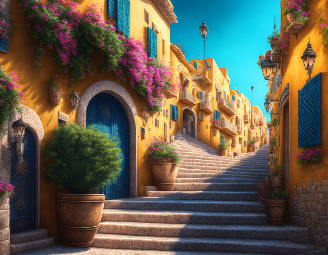Charming cobblestone steps among vibrant yellow buildings and pink flowers