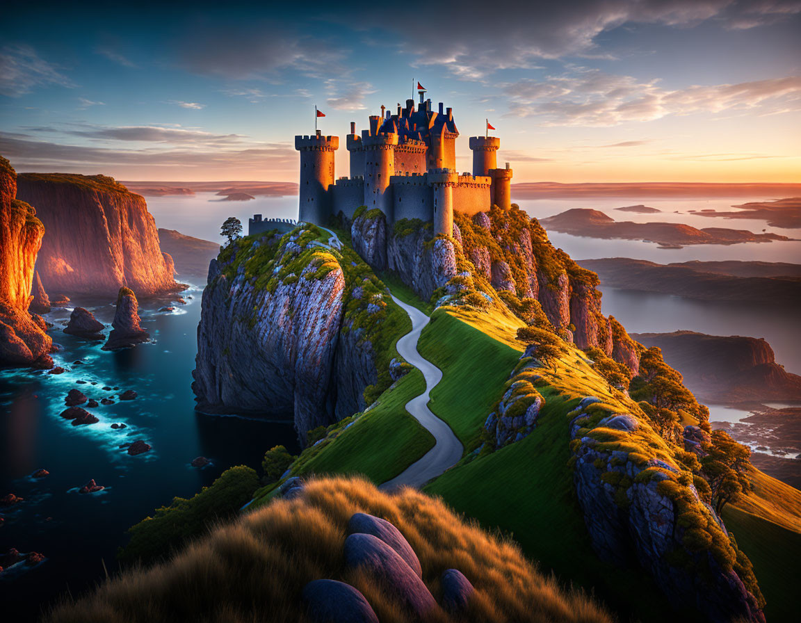 Majestic castle on steep cliff overlooking sunset seascape