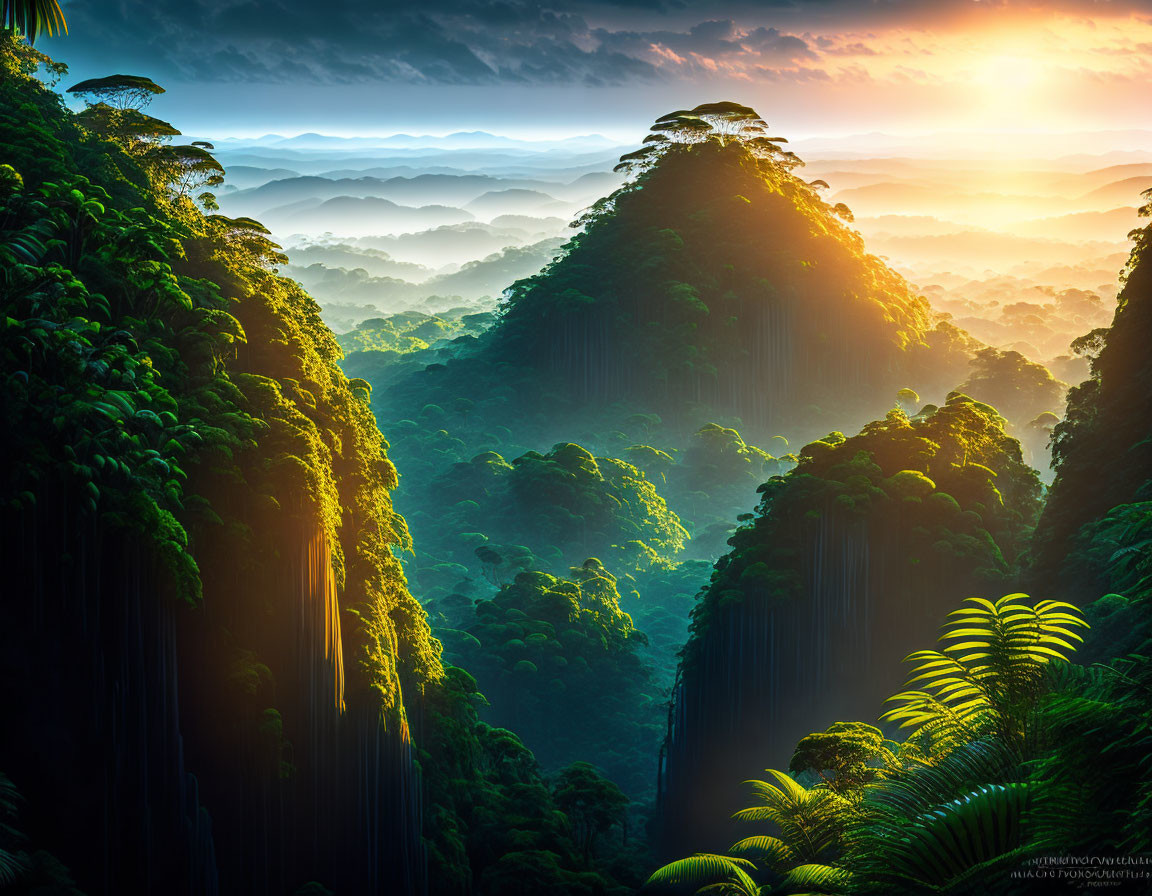 Majestic forest with tall cliffs in misty sunrise landscape