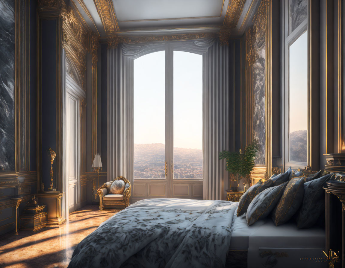 Luxurious Bedroom with Large Bed, Ornate Decor, and Mountain View at Sunrise