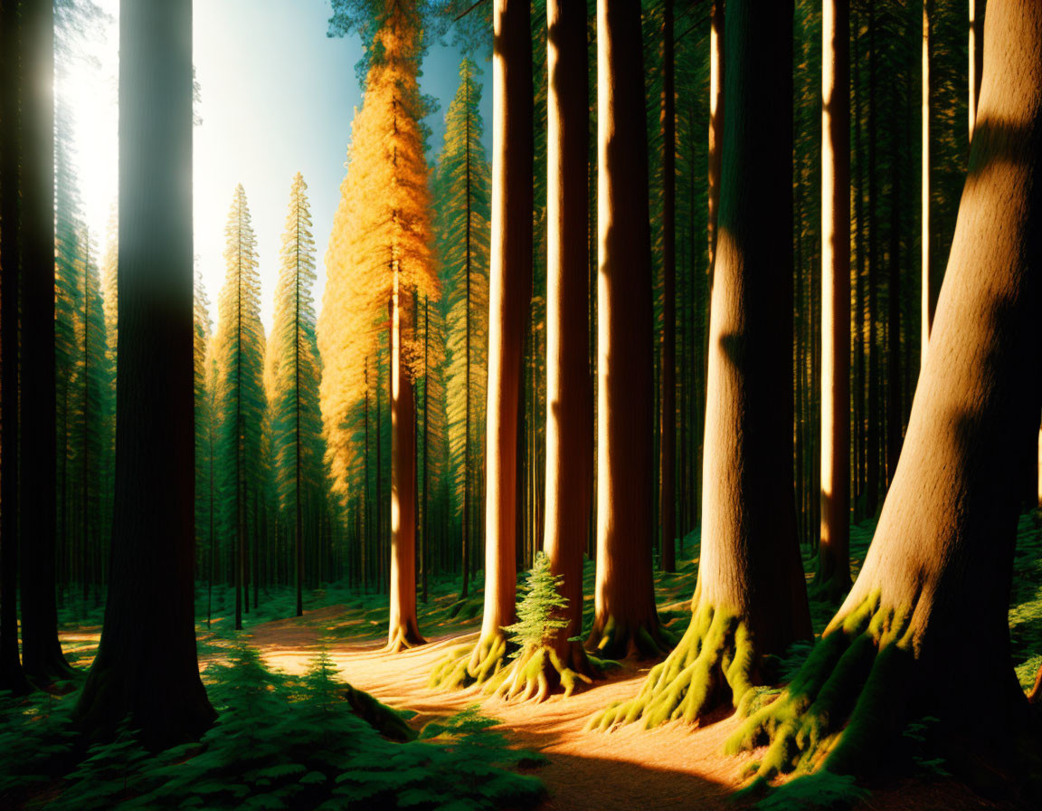 Golden sunlight filters through dense forest of tall pine trees