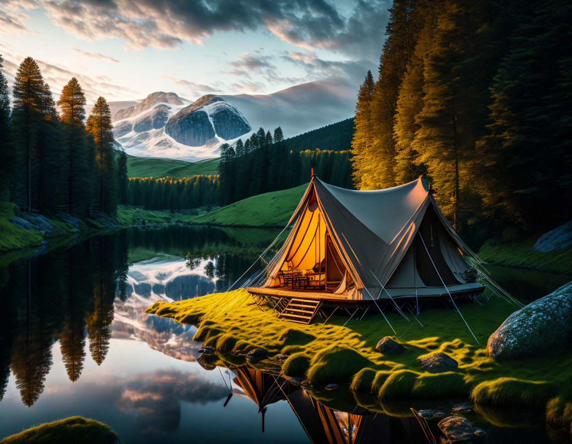 Tranquil lakeside camping scene at dusk with tent, pine trees, and snow-capped mountains