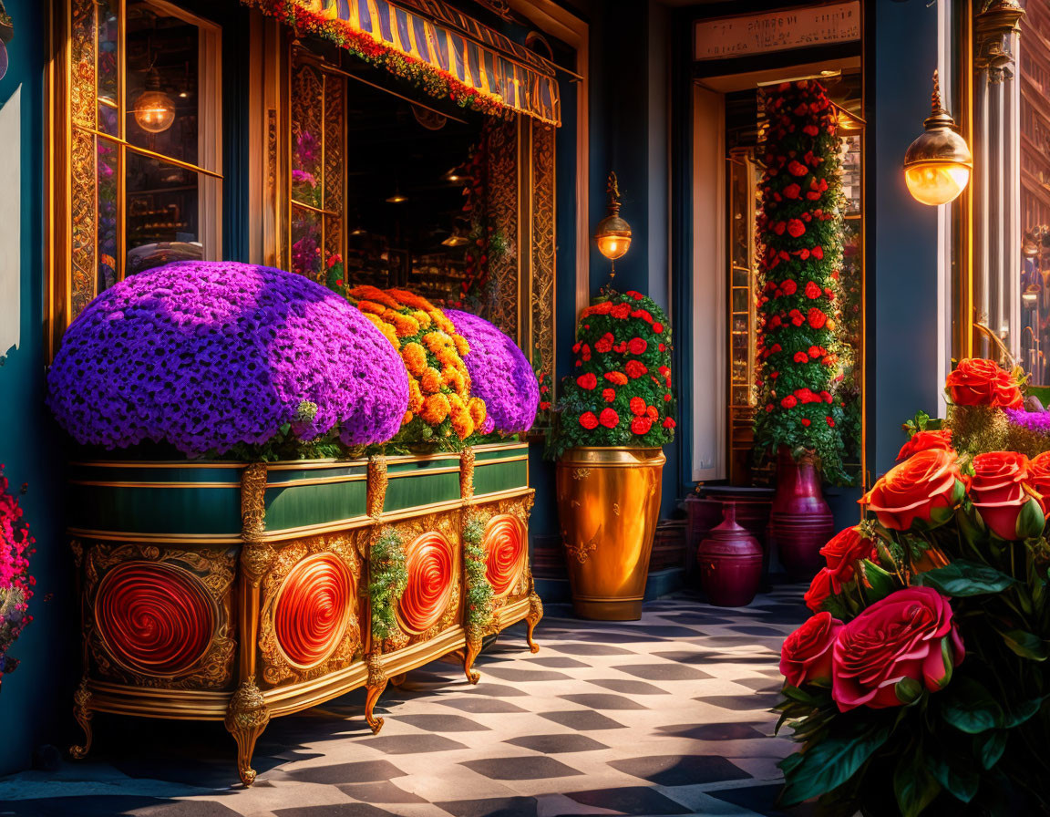 Colorful Flower Decorated Storefront with Warm Glowing Lights